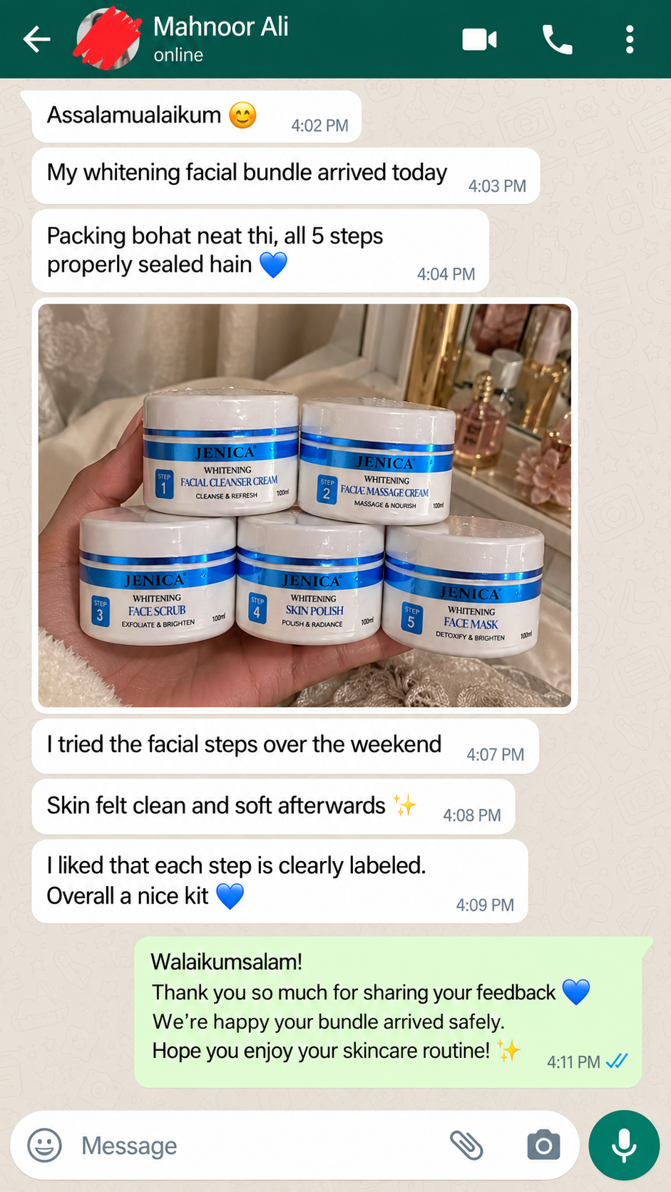 Customer feedback screenshot